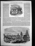Original Old Antique Print Japanese House Imperial Palace Jeddo Japan 1858 19th