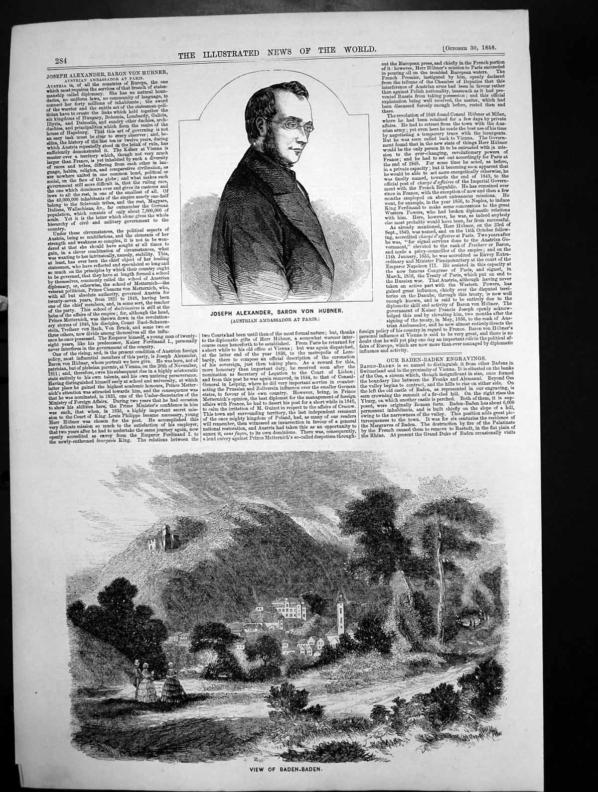 Antique Print Joseph Alexander Baron Von Hubner Ambassador Baden-Baden 1858