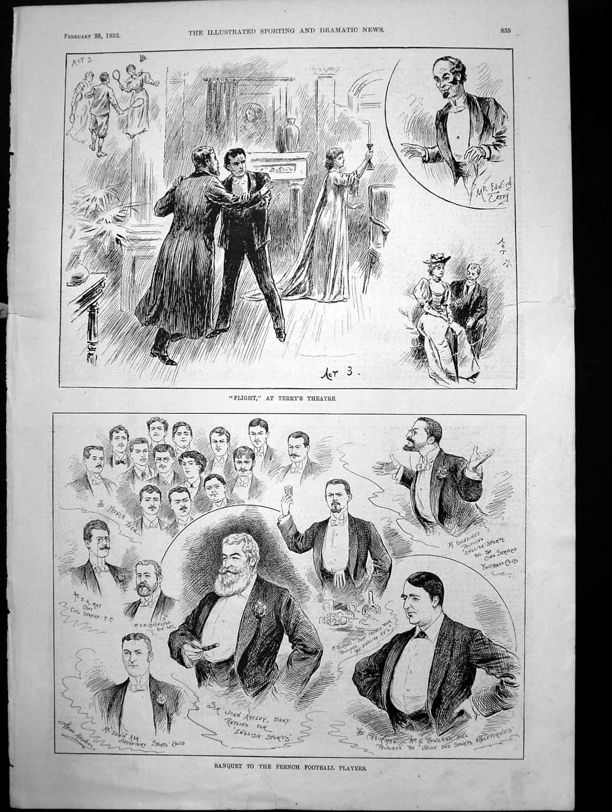 Antique Old Print Flight Terrys Theatre Banquet French Football Players 1893