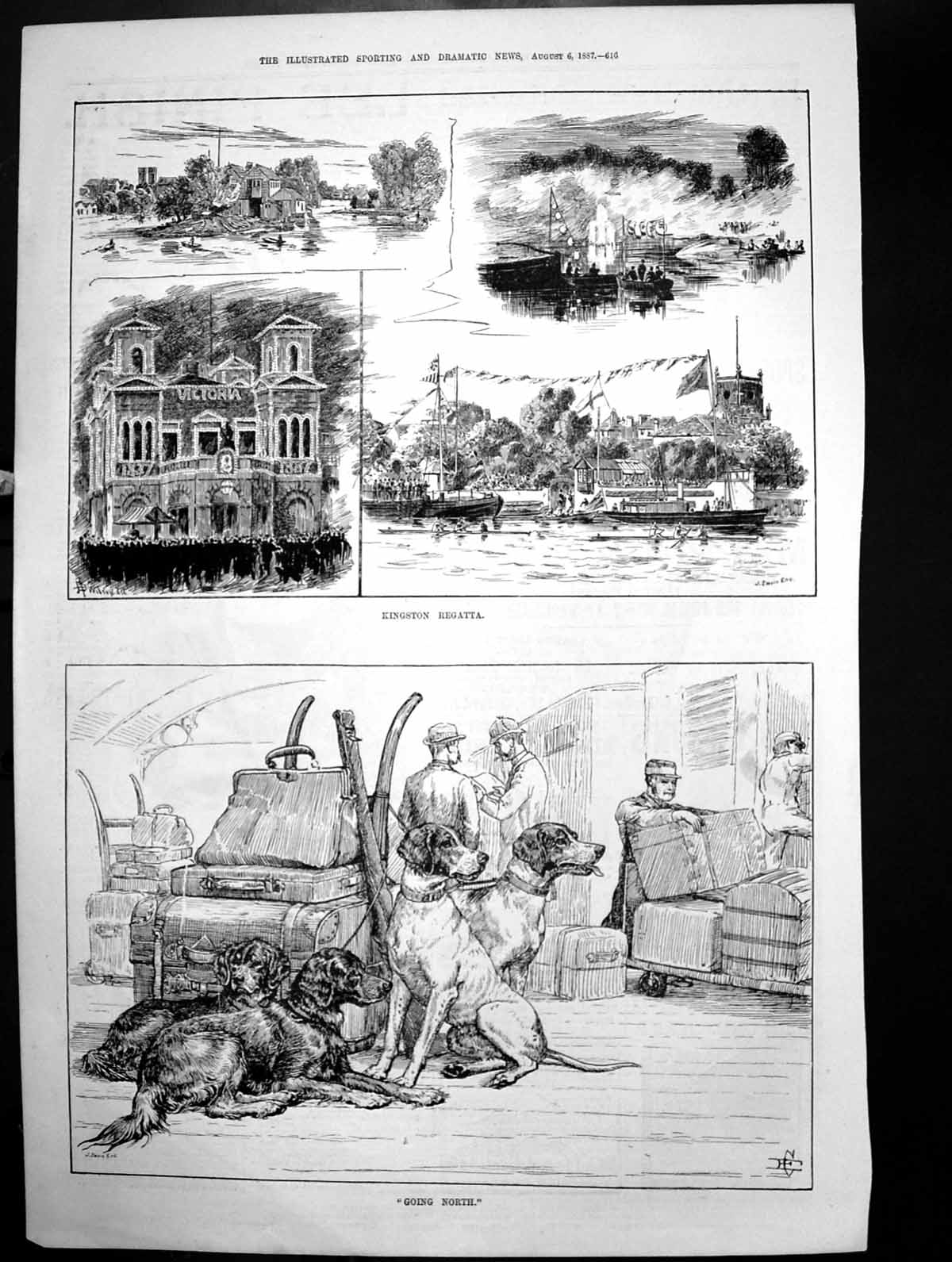 Antique Old Print Going North Loading Trunks Cases Dogs Kingston Regatta 1887