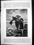 Old Antique Print Piloted Lovers Hing Hands Stepping Rocks Sea Dog 1888 19th