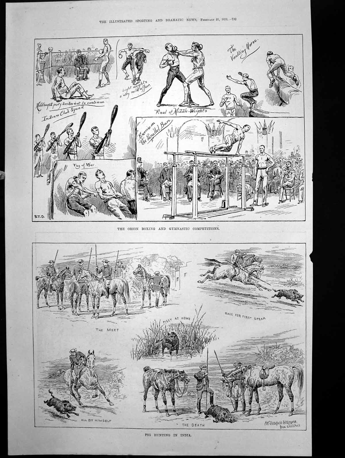 Antique Old Print Orion Boxing Gymnastic Competitions Pig Hunting India 1891