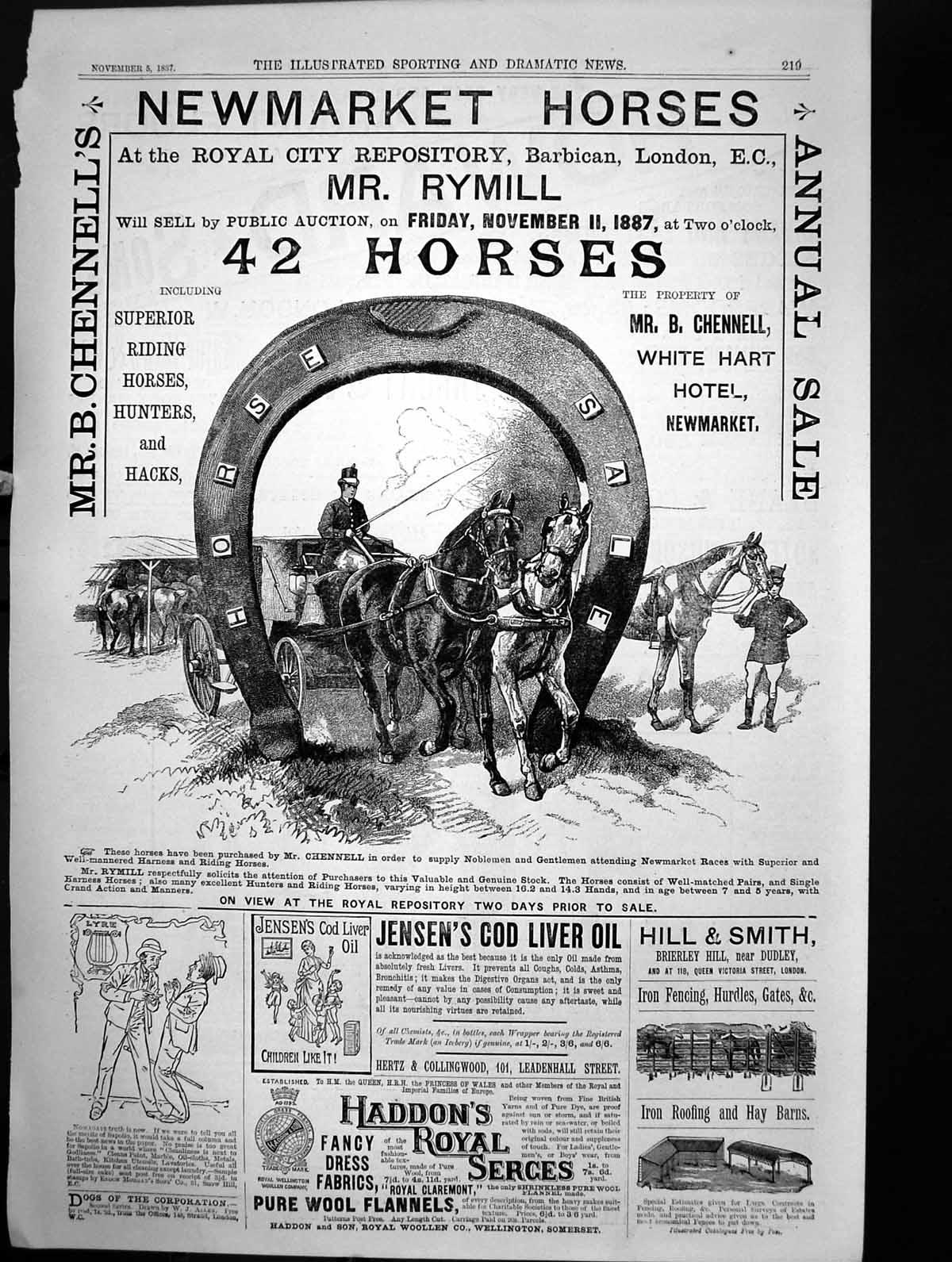 Antique Old Print Newmarket Horse Sale Chennells Jensens Cod Liver Oil 1887