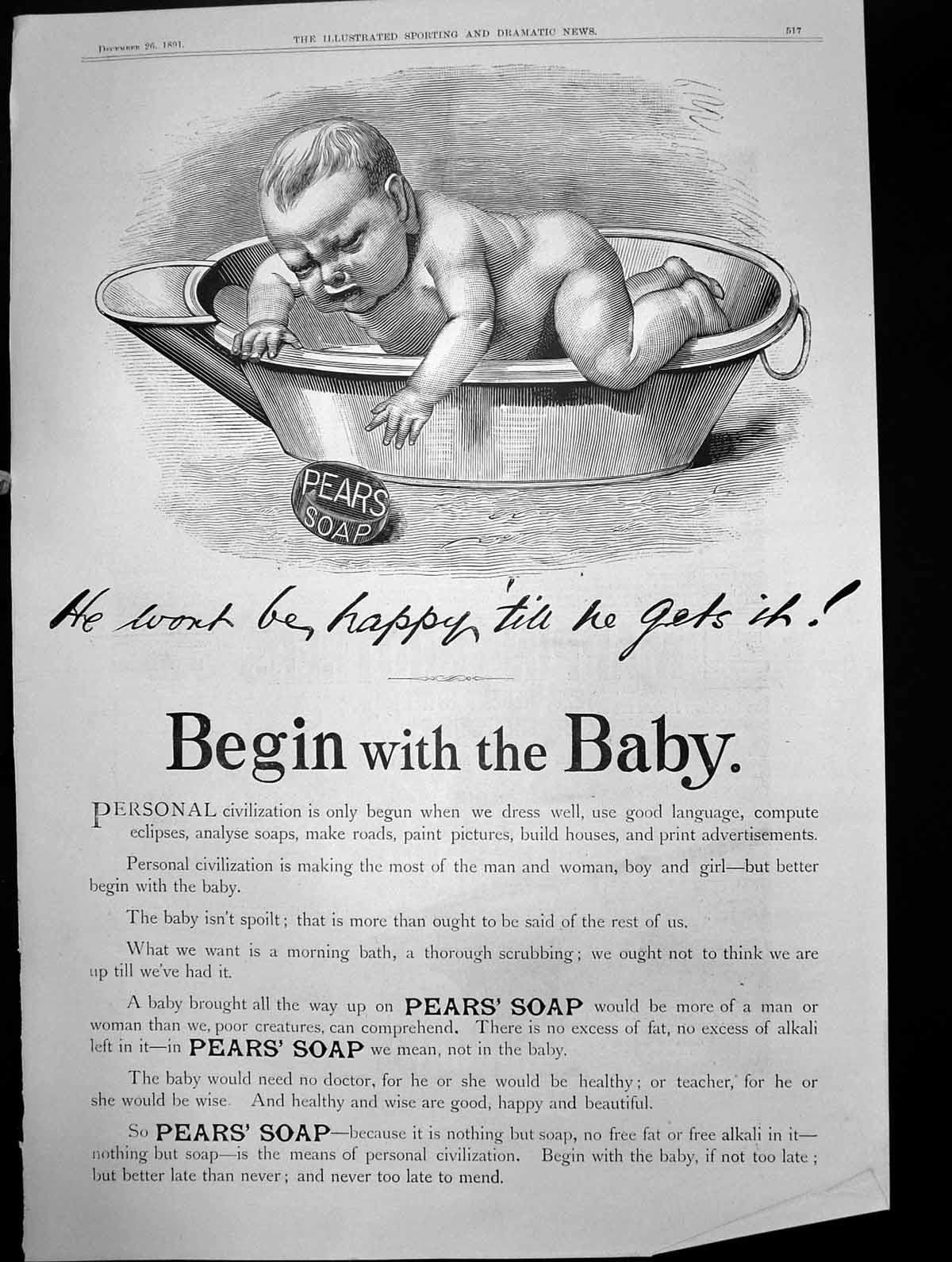 Old Antique Print Pears Soap Begin With Baby Bath No Free Fat Alkali 1891 19th