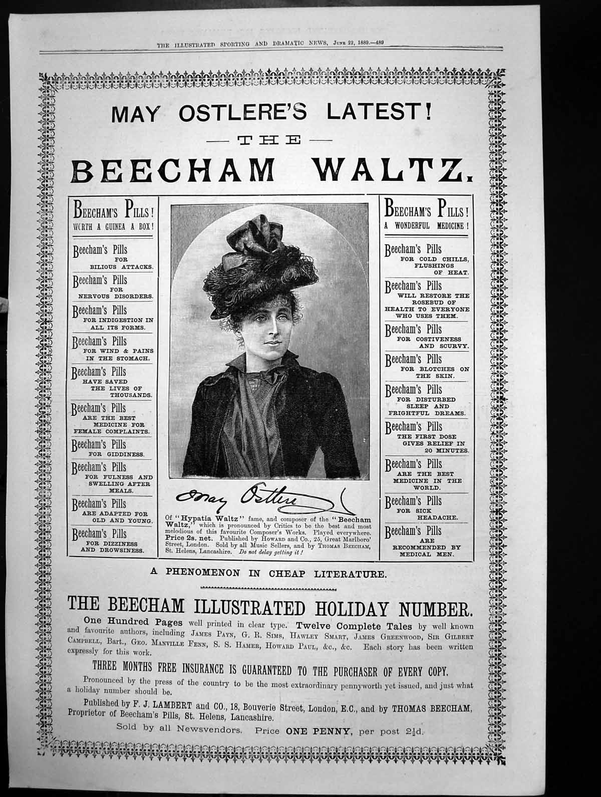 Old Antique Print May Ostleres Latest Beecham Waltz Beechams Pills 1889 19th