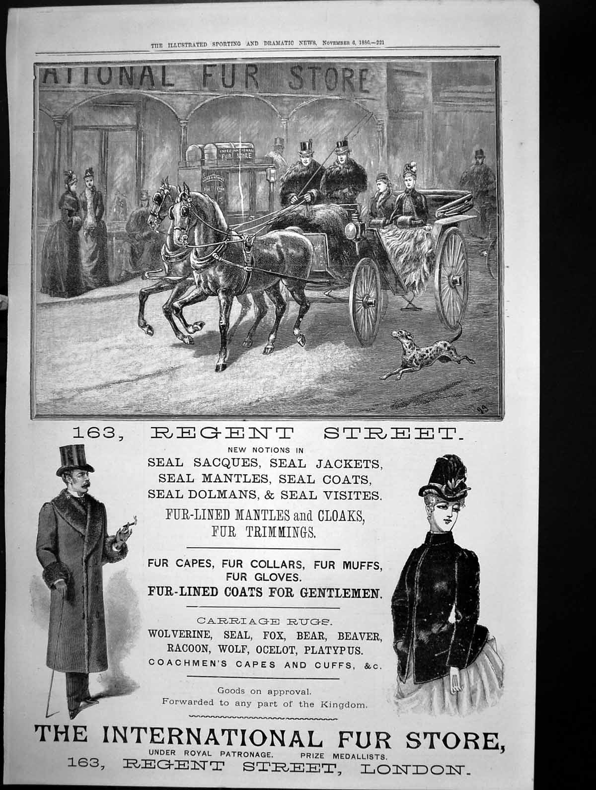Old Print International Fur Store Regent Street Fur Capes Seal Coats 1886 19th