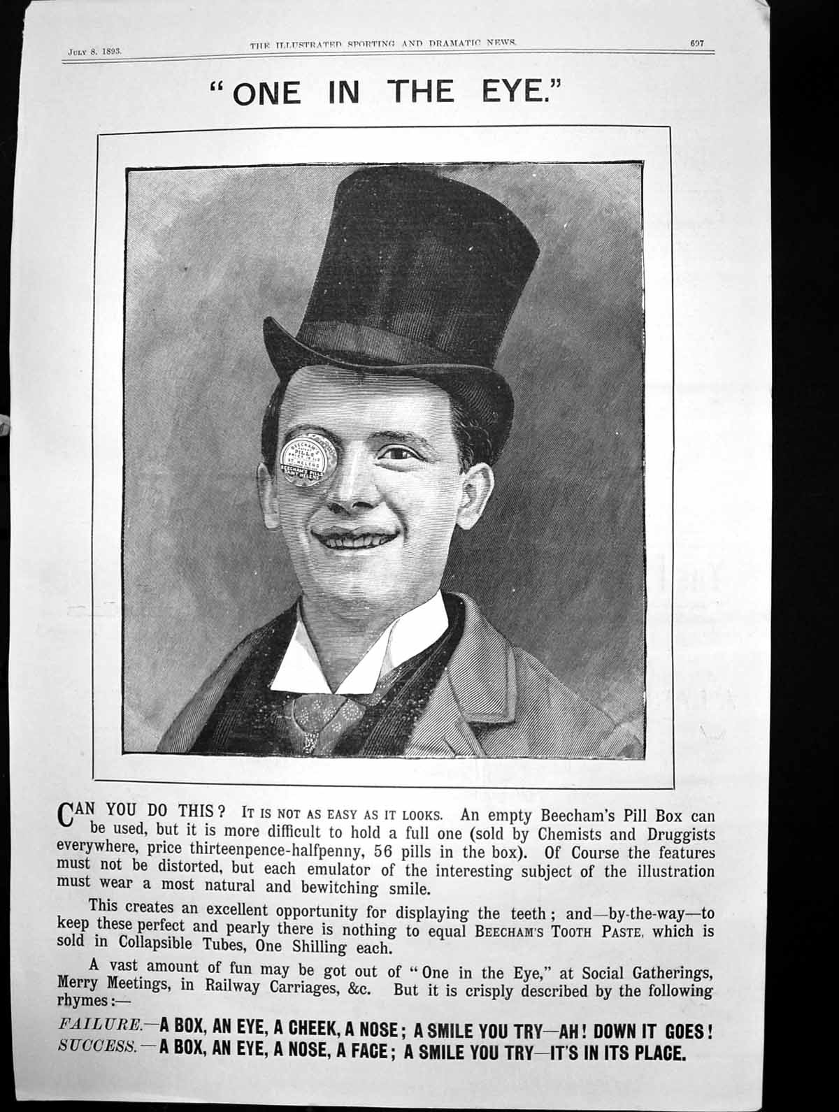 Old Empty Beechams Pills Box Placed Eye Fun Merry Meetings Games 1893 Victorian