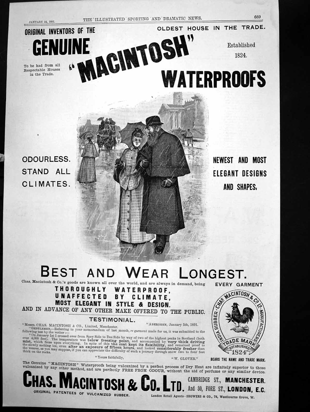 Old Print Genuine Macintosh Waterproofs Chas Macintosh Elegant Style 1891 19th