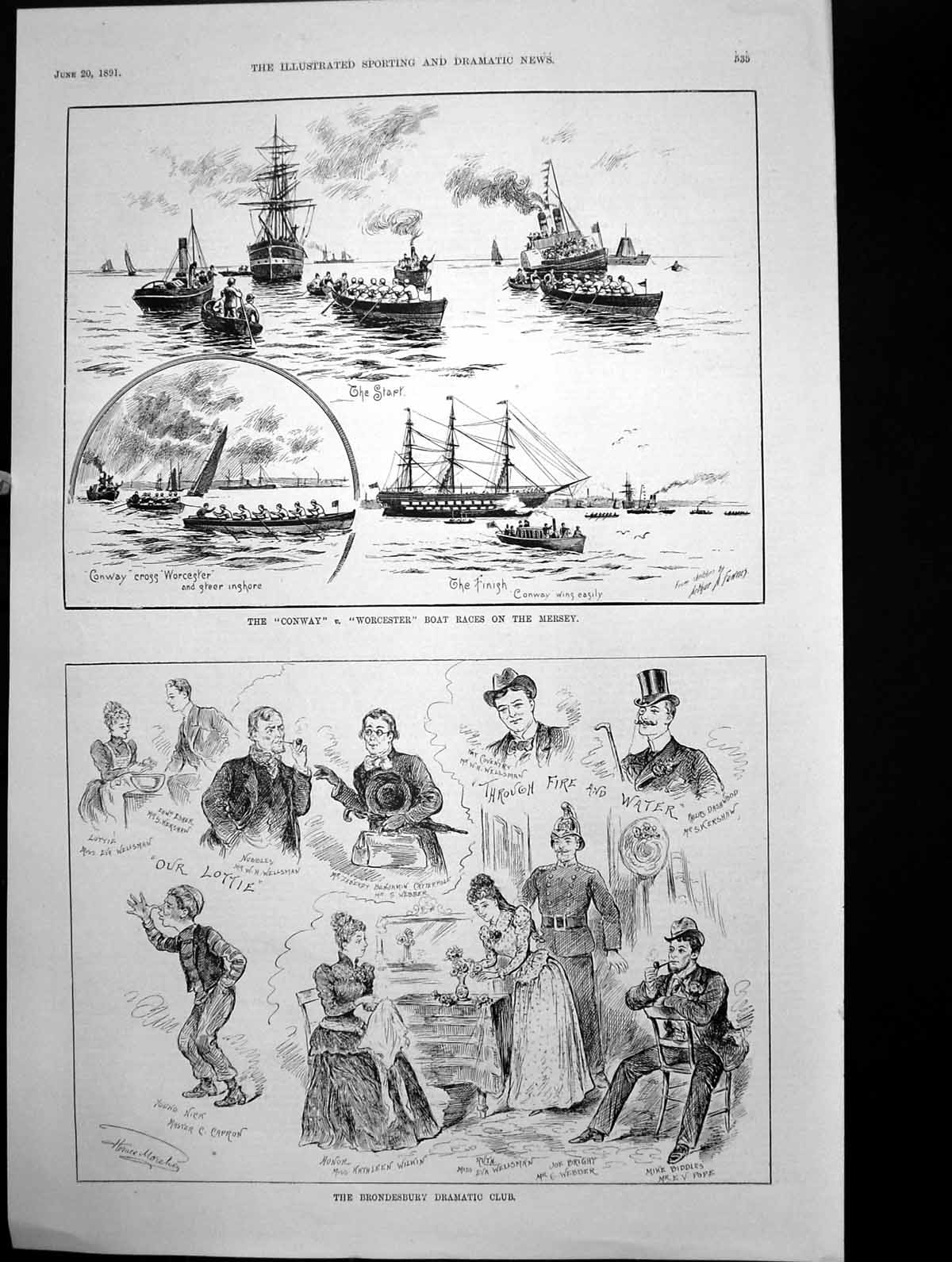 Old Print Conway V Worcester Boat Races Mersey Brondesbury Drama Club1891 19th