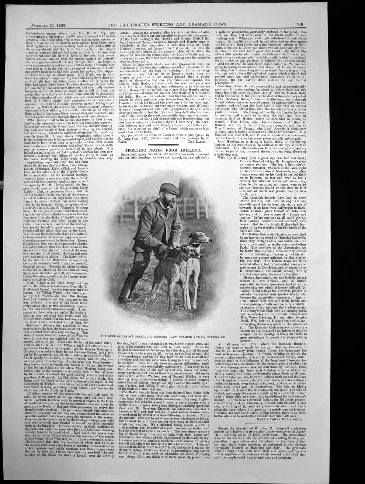 Antique Old Print Duke Leeds Greyhound Kennels Law Breaker La Chatelaine 1898