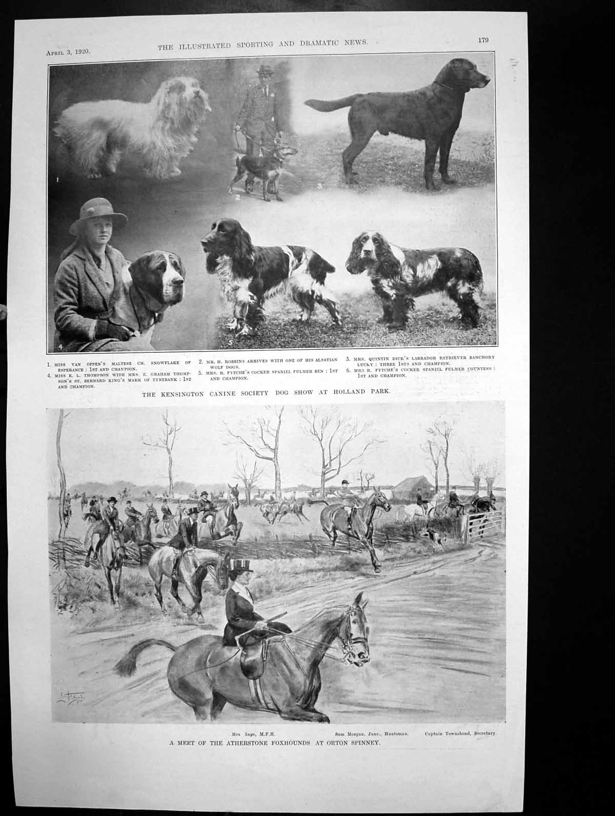 Old Print Meet Atherstone Foxhounds Orton Spinney Kensington Dog Show1920 20th