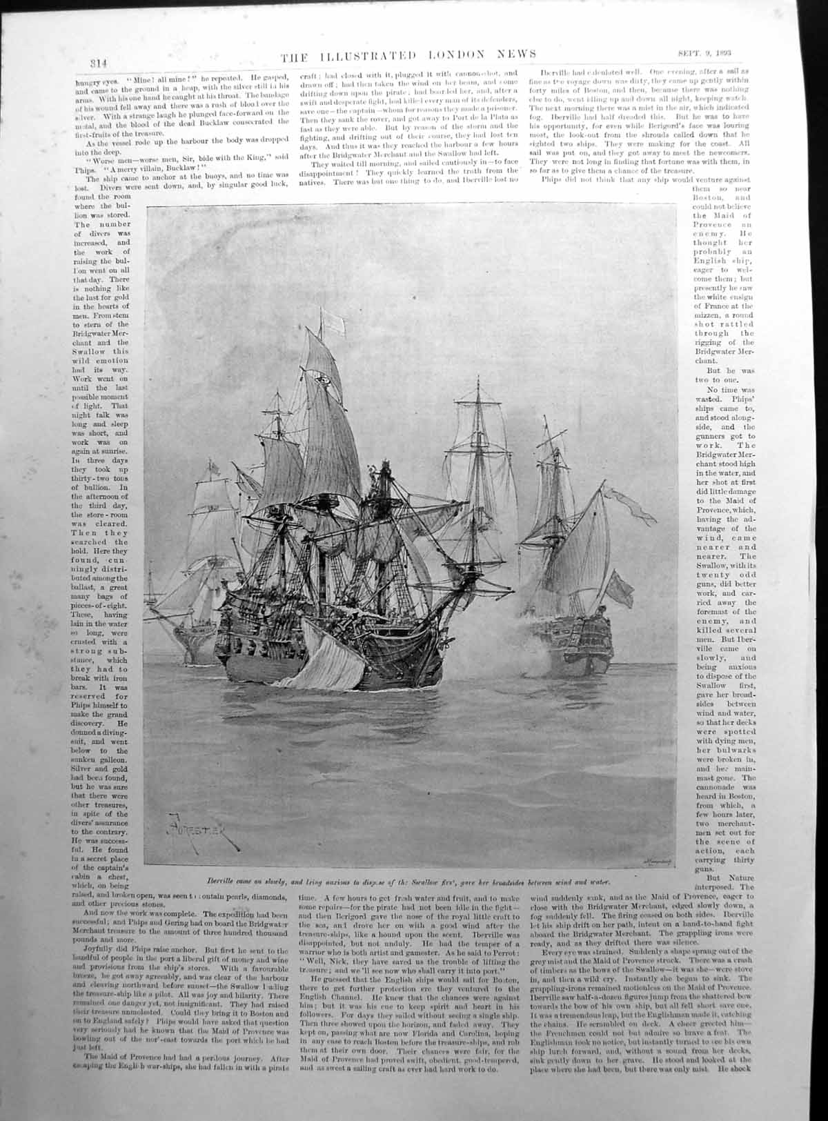 Antique Print Trail Sword Gilbert Parker Iberville Swallow Firs Ships 1893 19th