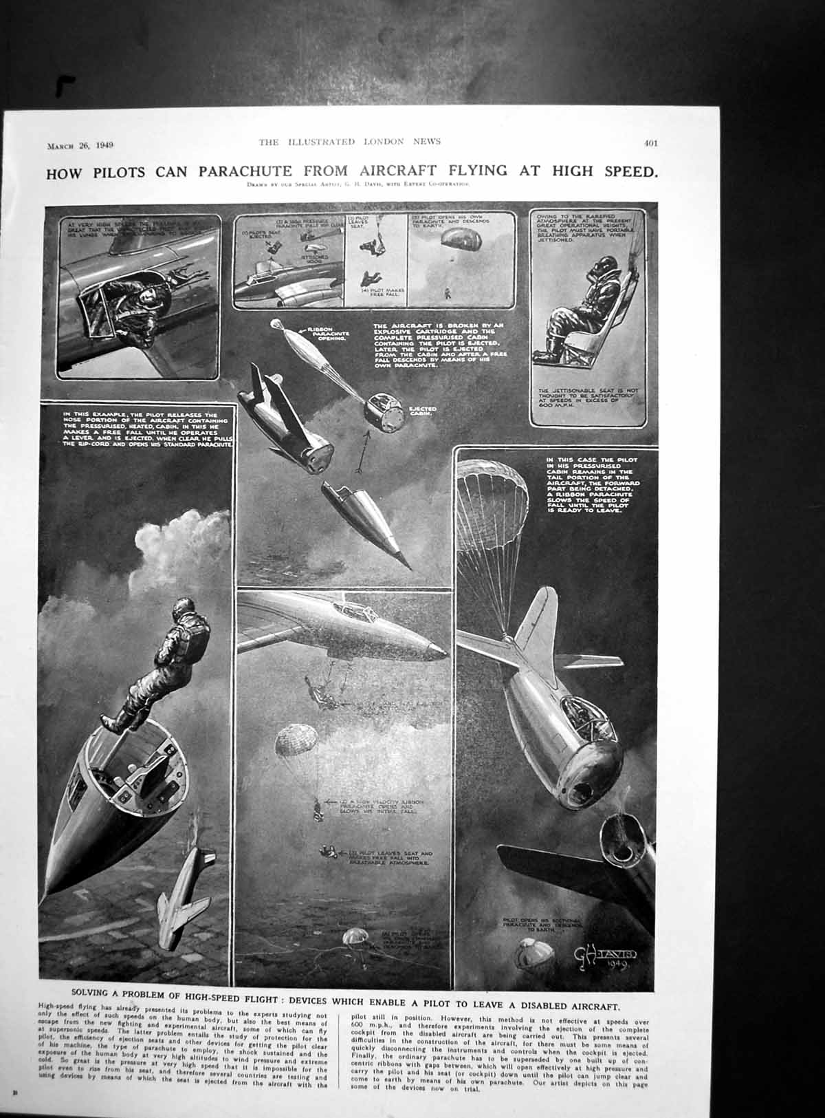 Old Print Pilots Parachute Aircraft High Speed Shark Hunt Australia 1949 20th