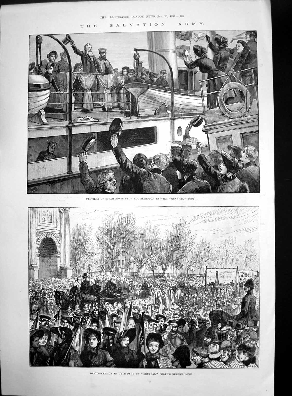 Antique Old Print Return Gen Booth Steam Boats Demonstration Col Grant 1892