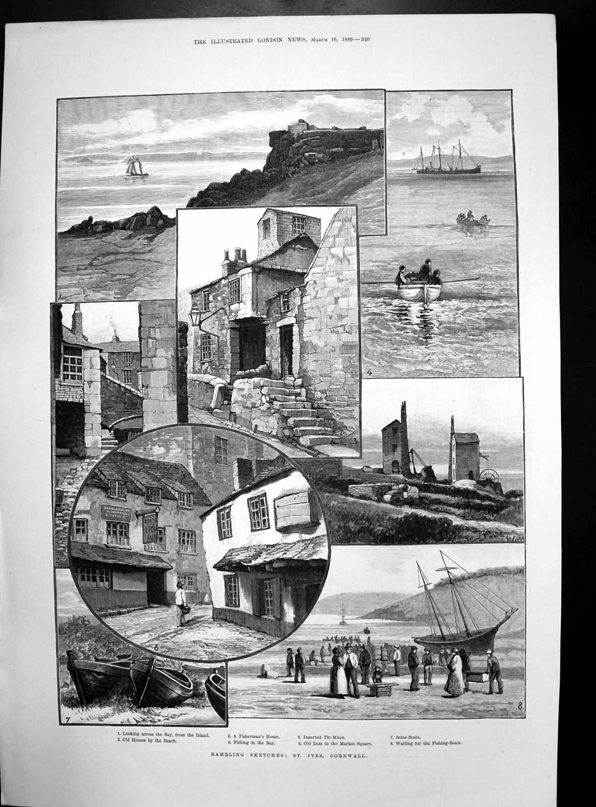 Antique Print Sketches St Ives Cornwall Coach-Road New Zealand Nelson 1889 19th