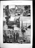 Antique Old Print Fishing Boats Harbour Cornwall Horse Sports Bangalore1890