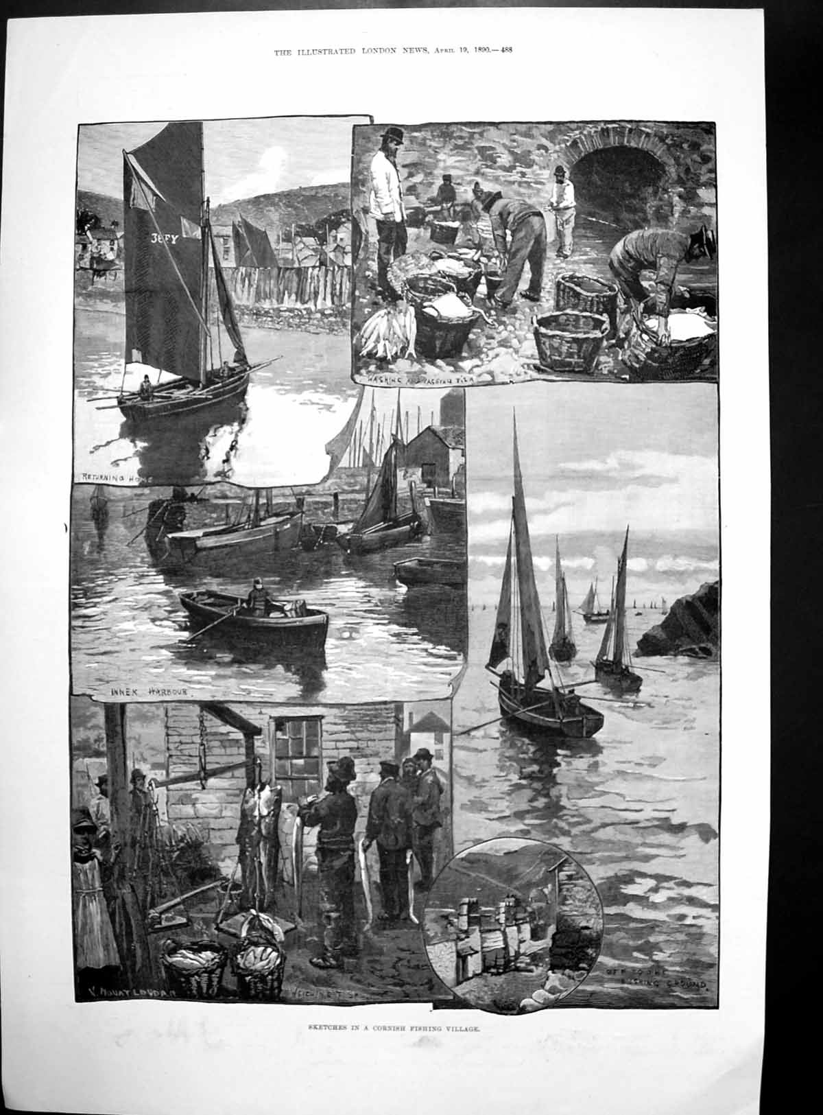 Antique Old Print Fishing Boats Harbour Cornwall Horse Sports Bangalore1890