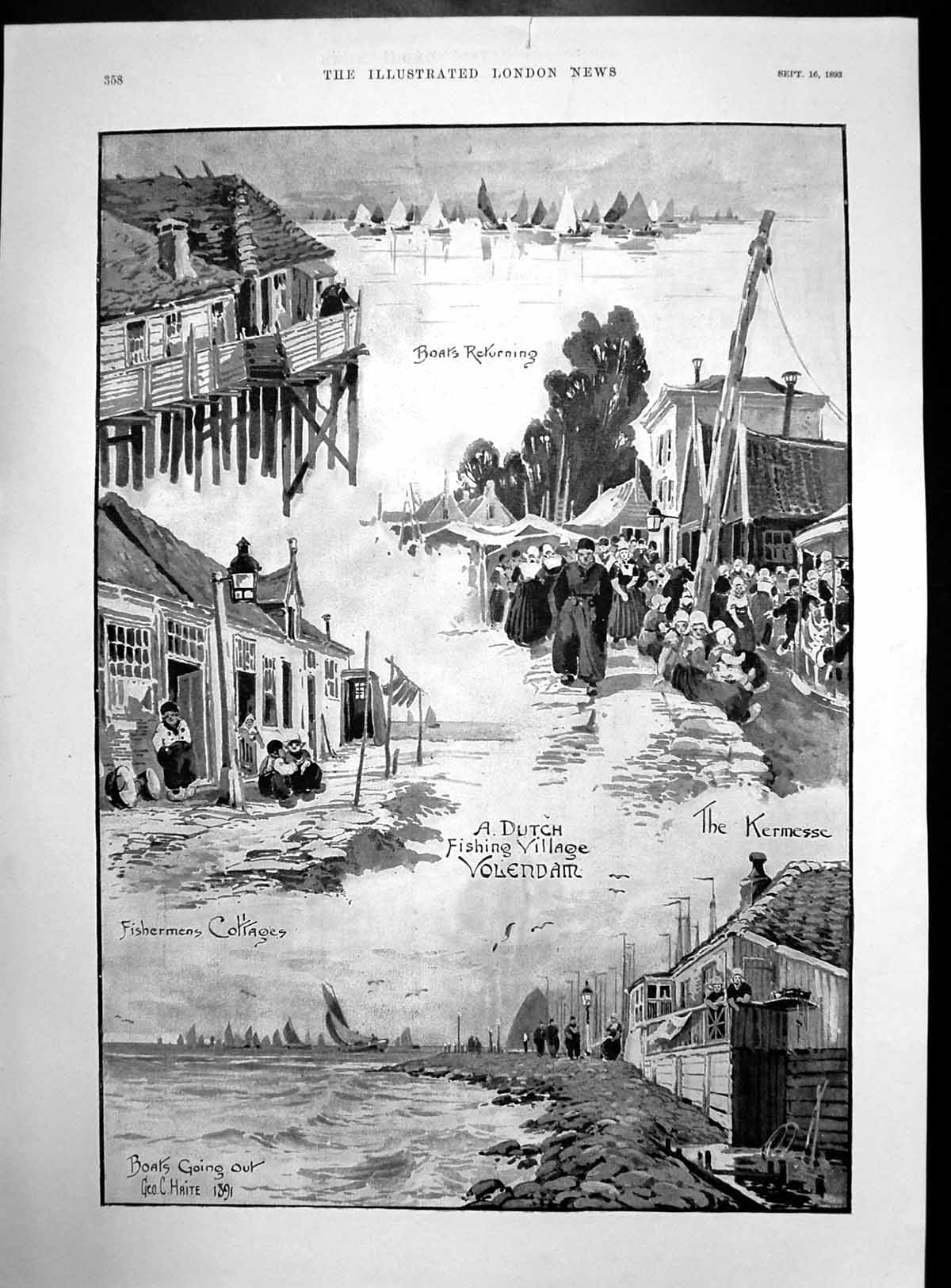 Antique Old Print Cabin Boy J Demieulon Dutch Fishing Village Volendam 1893