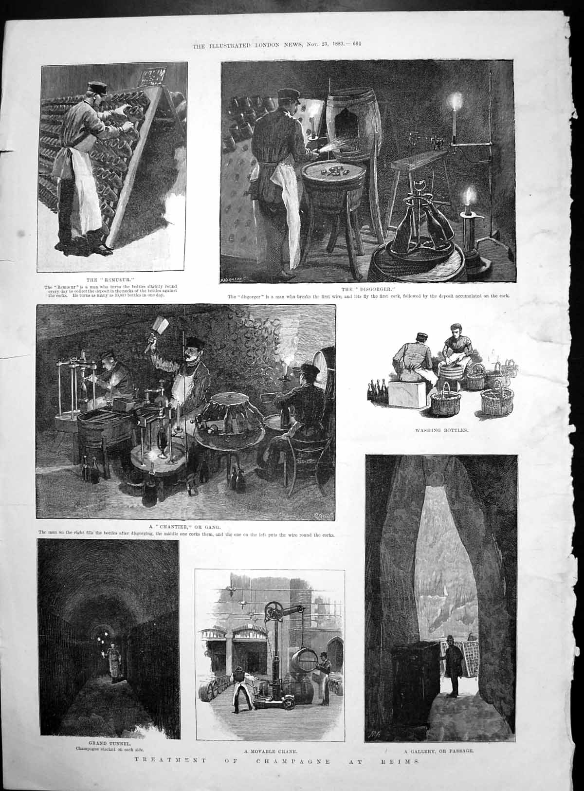 Antique Old Print Reims Making Champagne Remueur Cellars Casks Pommery 1889