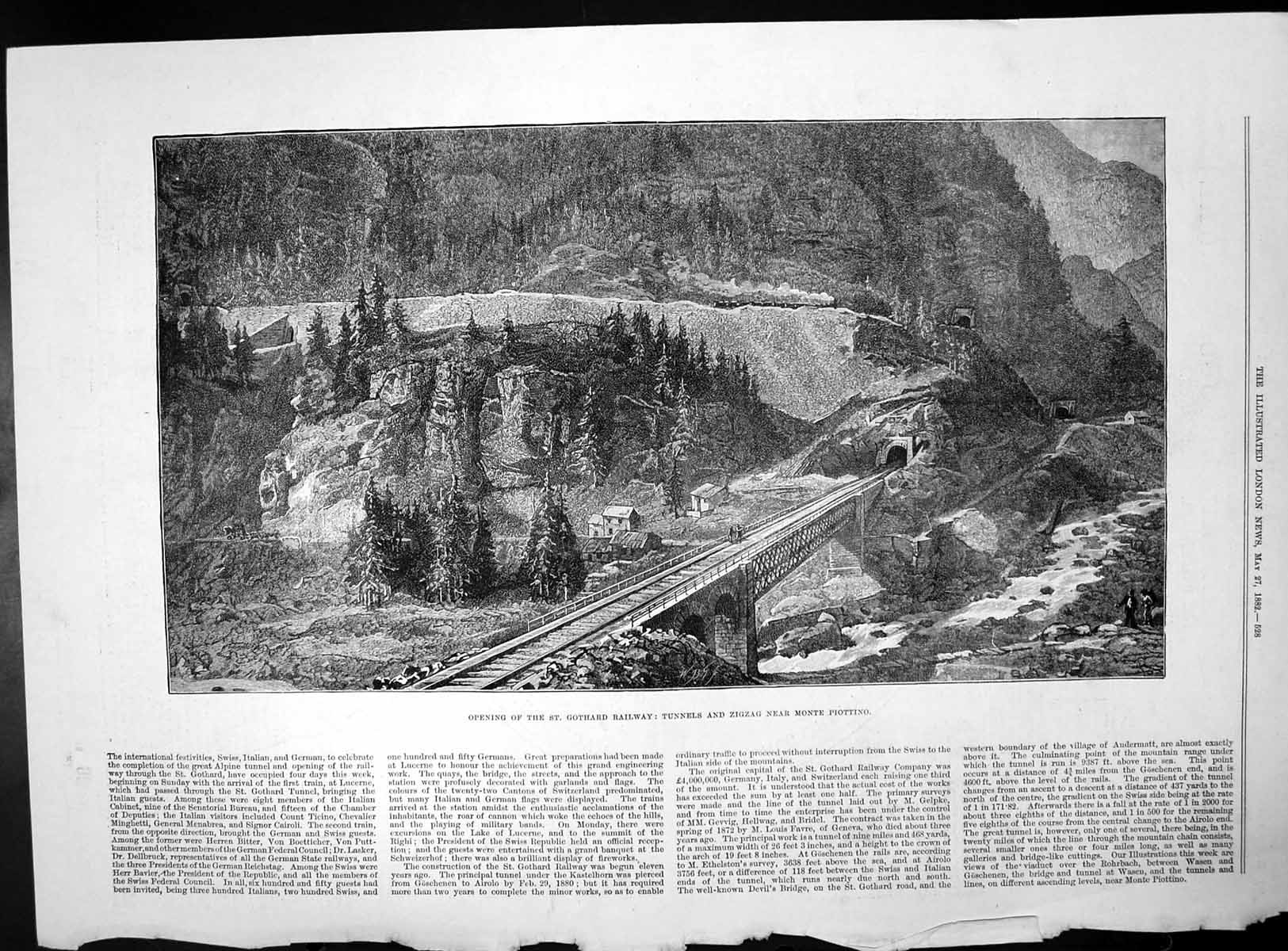 Antique Old Print Opening St Gothard Railway Monte Piottino Lactopeptine 1882