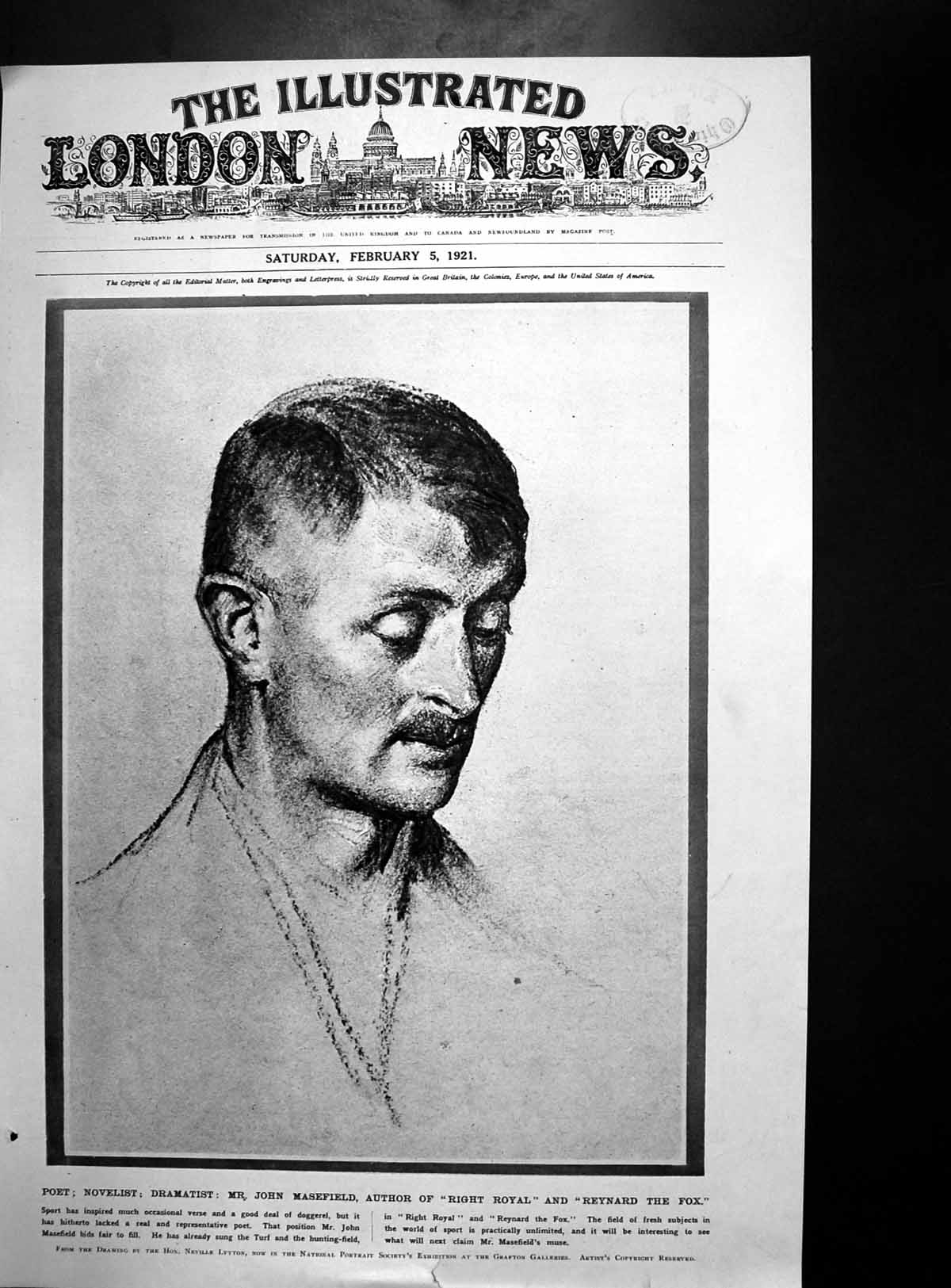 Antique Old Print John Masefield Poet Novelist Dramatist John Drinkwater 1921