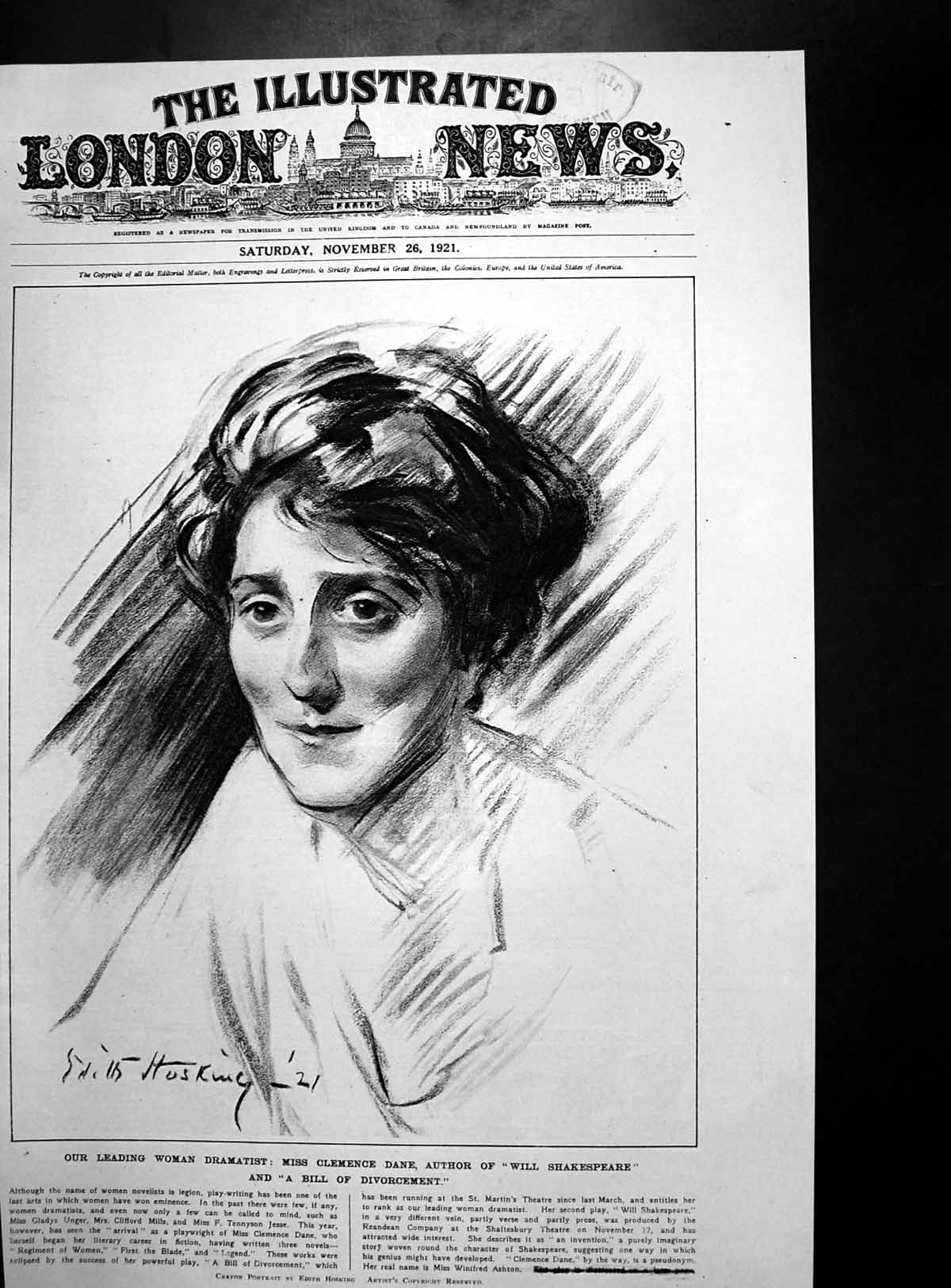 Antique Old Print Clarence Dane Dramatist Princess Mary Lord Lascelles 1921