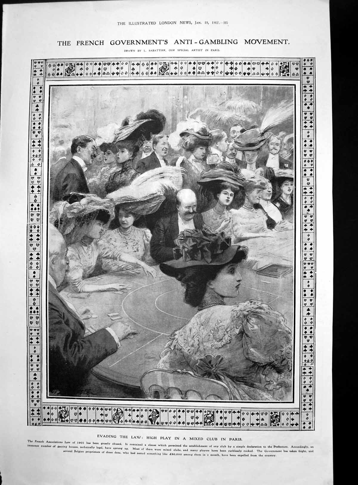 Antique Old Print Gambling Club Paris Roman Remains Manchester Skeletons 1907