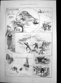 Original Old Antique Print Jersey Sketches Smacks Pier Troublesome Puppy 1888