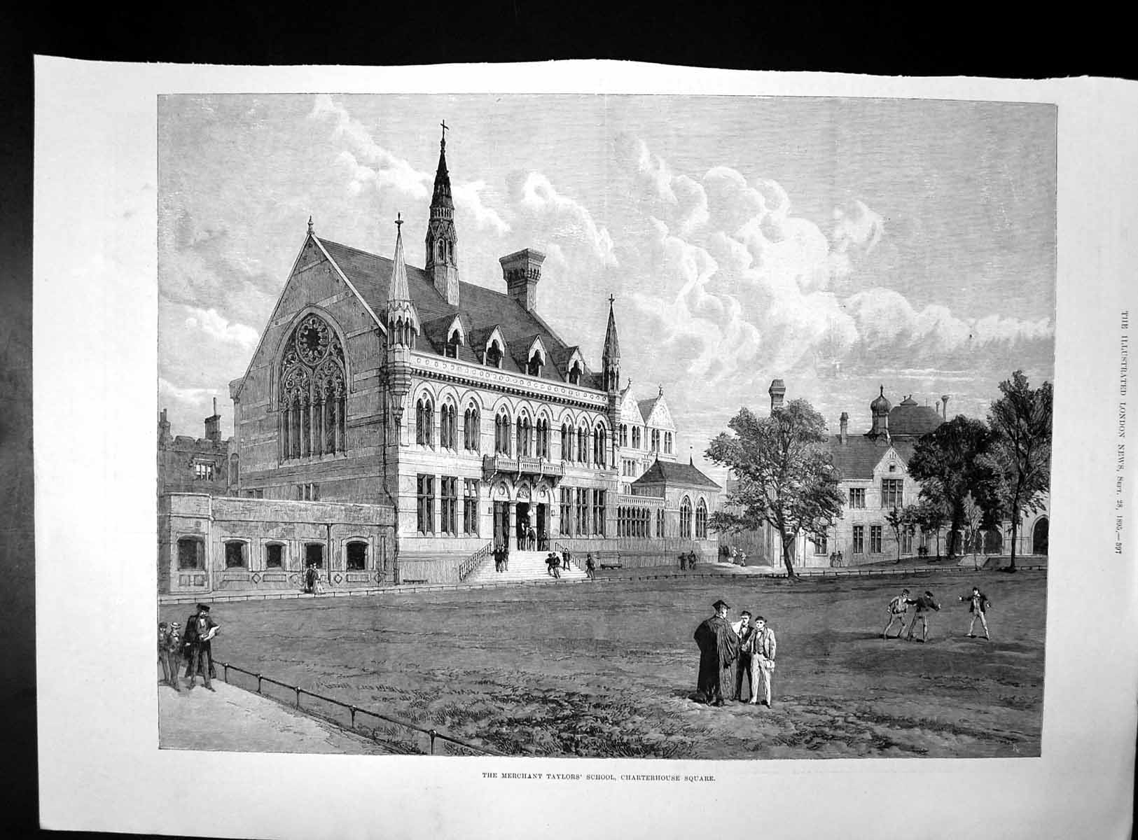 Antique Old Print Merchant Taylors School Charterhouse Square Library 1895 19th