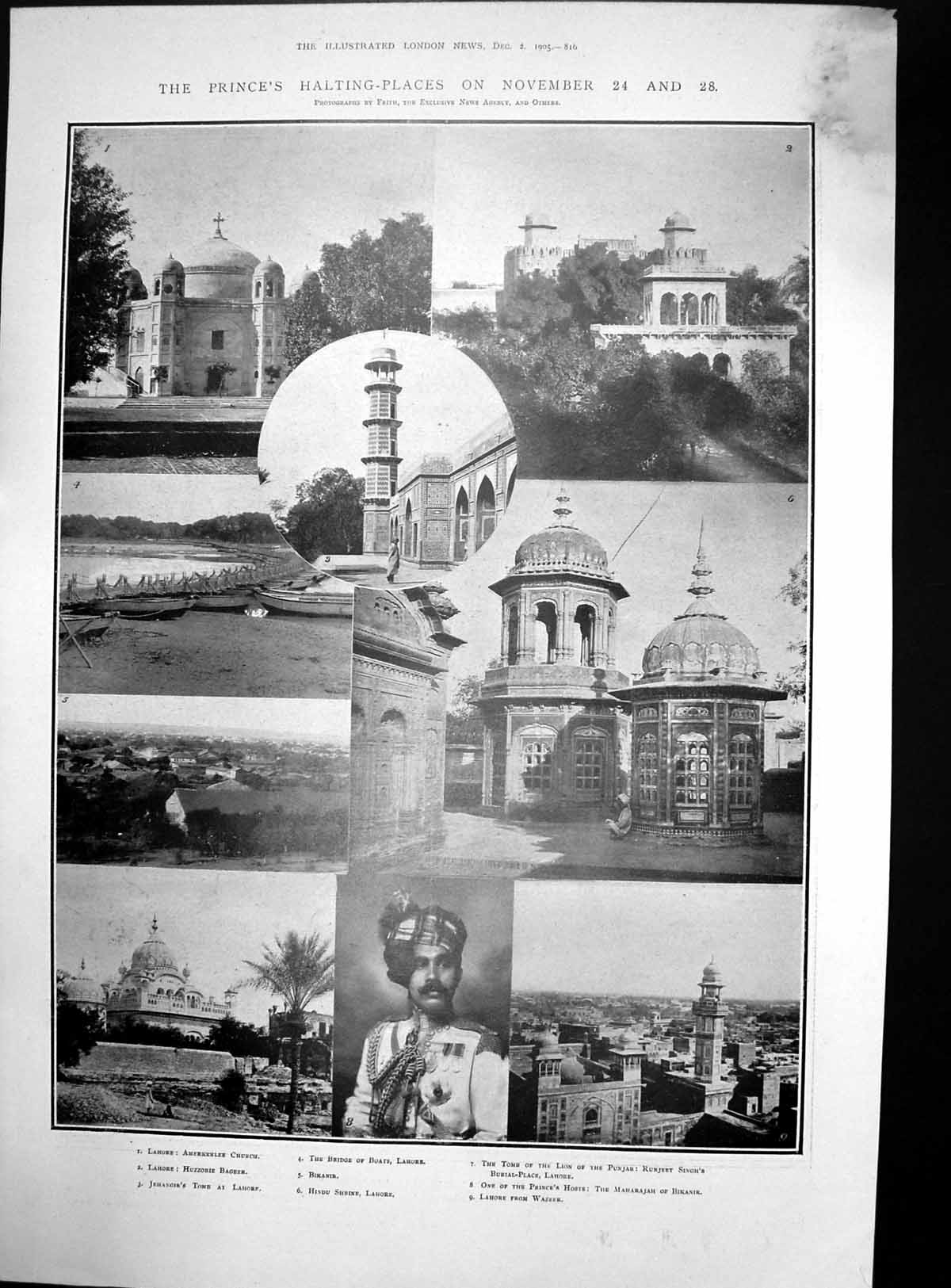 Antique Print Prince Wales Lahore Hindu Shrine Tomb Lion Snake Charmer 1905