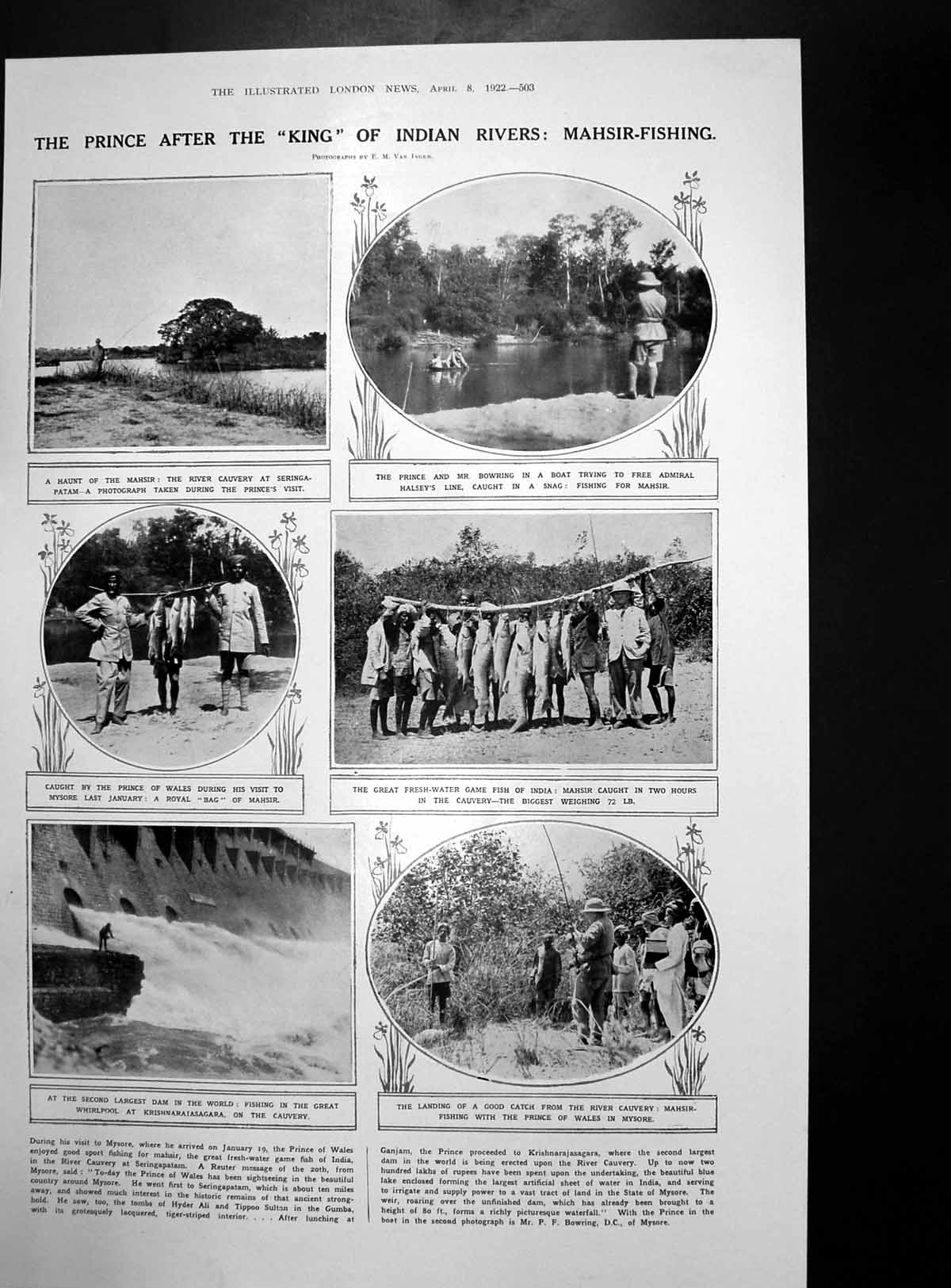 Antique Old Print Prince Wales Cauvery India Mahsir Chronicles Rodriguez 1922