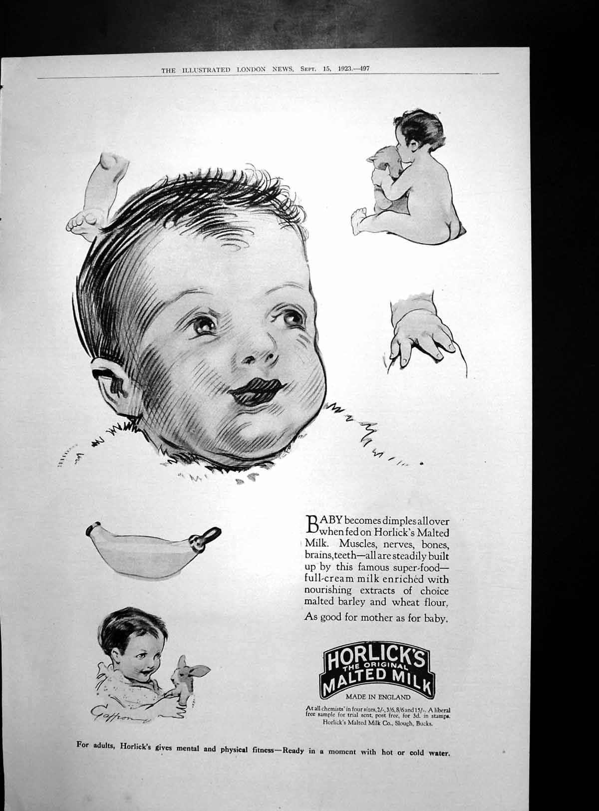 Old Print Horlicks Malted Milk Mellins Food Burberry Coats Fashions 1923 20th