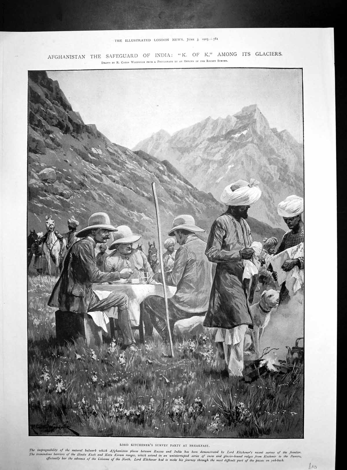 Antique Old Print Lord Kitcheners Survey Party Glaciers Afghan Bulwark 1905