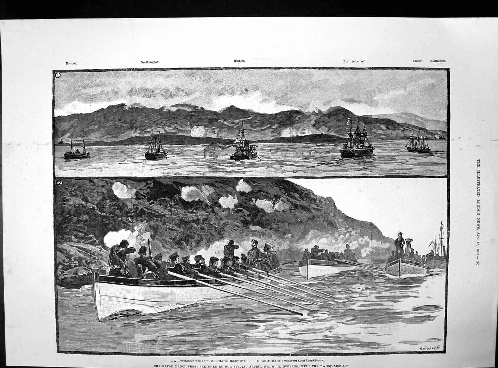 Antique Old Print Naval Manoeuvres Bantry Bay Hms Nrthumberland Overend 1888