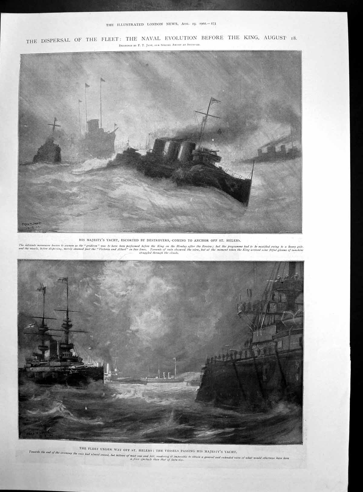 Old Antique Print Dispersal Fleet Royal Yacht St Helens Hampden Park 1902 20th