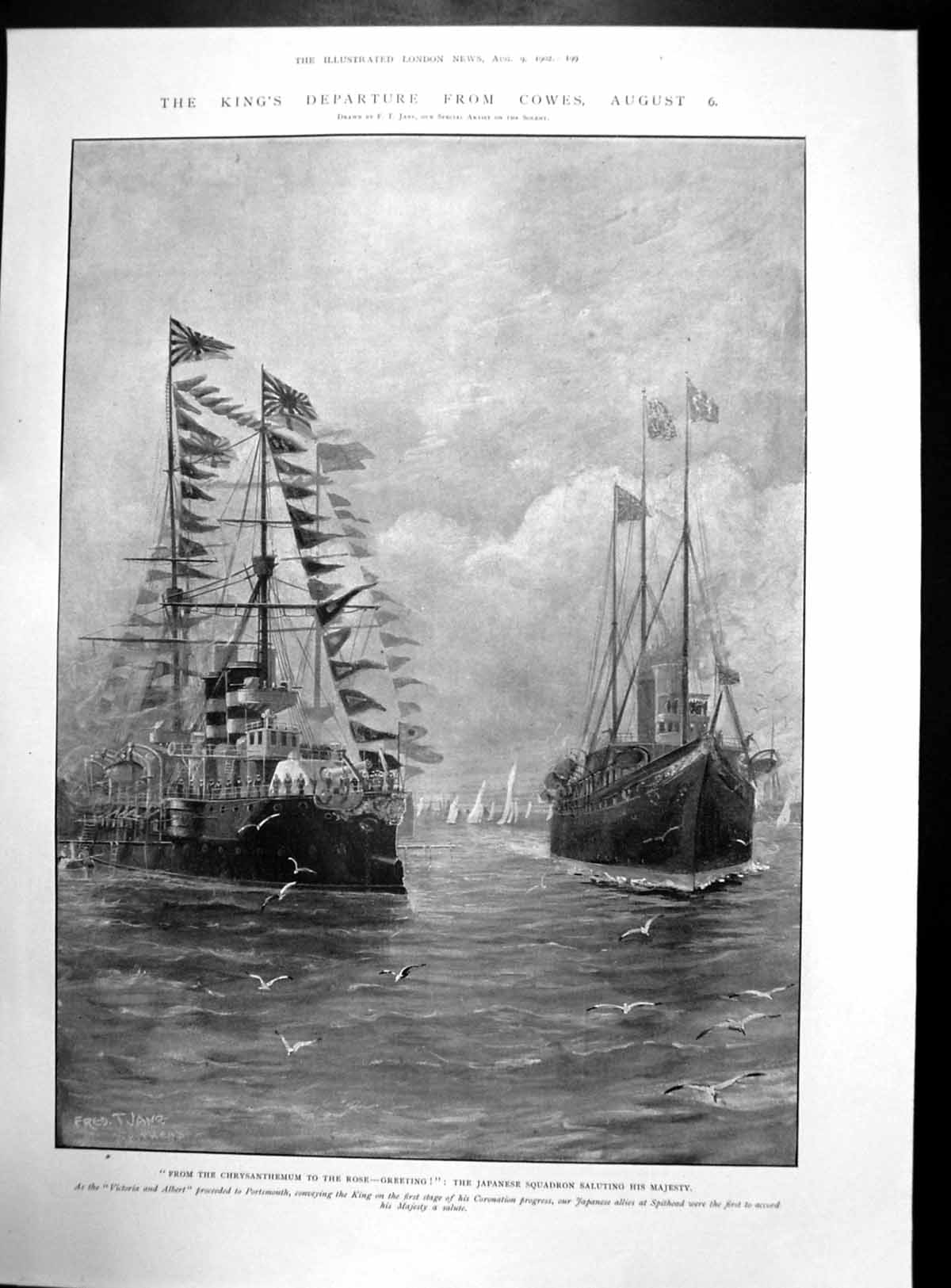 Old Antique Print Kings Departure Cowes Japanese Squadron Earl Elgin 1902 20th
