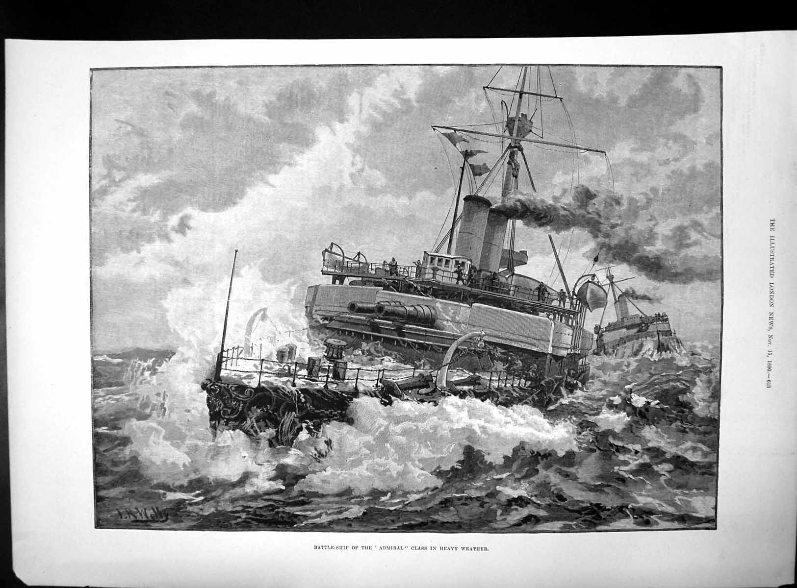 Old Print Battle Ship Admiral Class Heavy Weather Viscount Cantelupe1890 19th