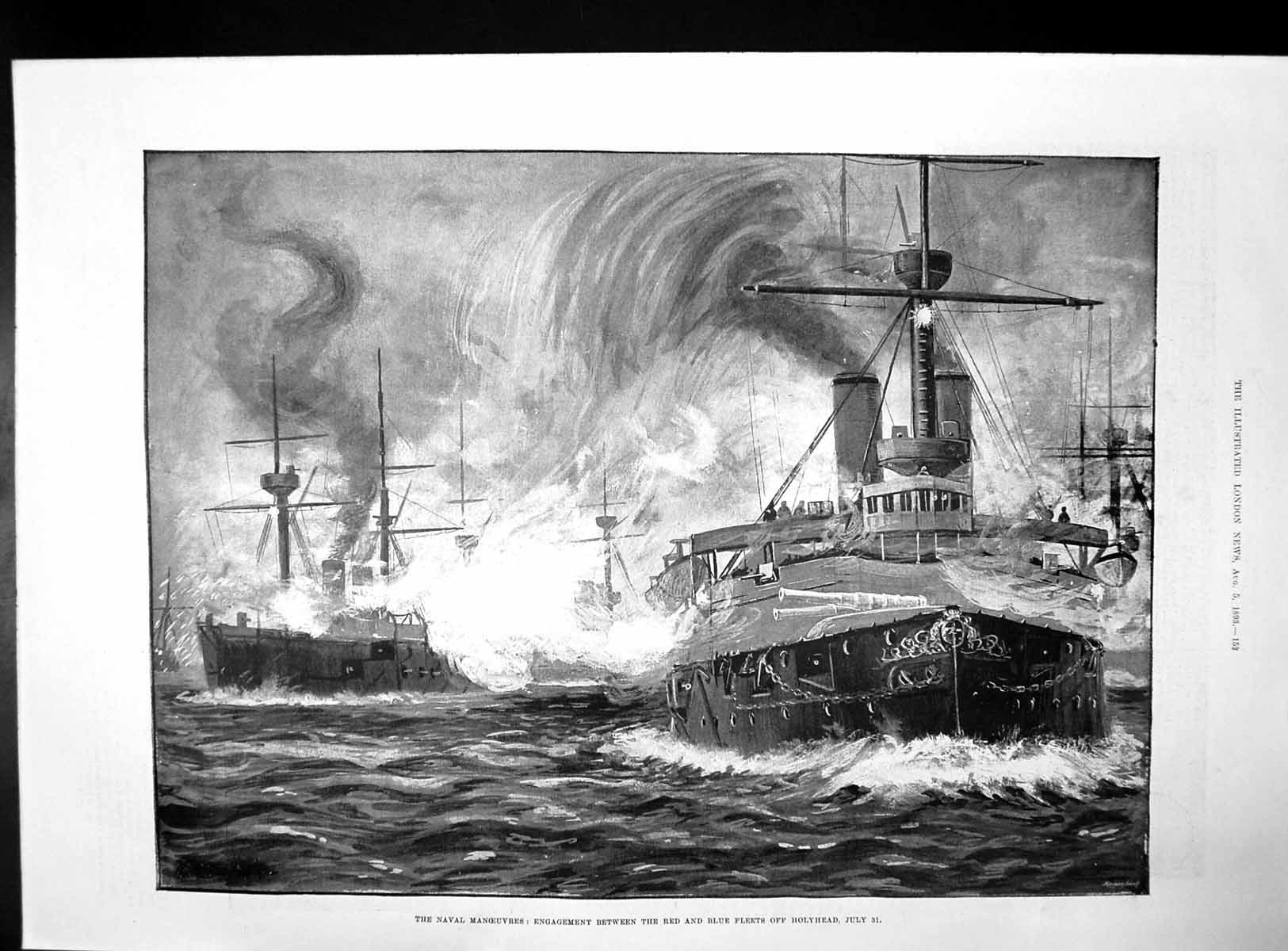 Antique Old Print Engagement Red Blue Fleets Holyhead Gen Robert Biddulph1893