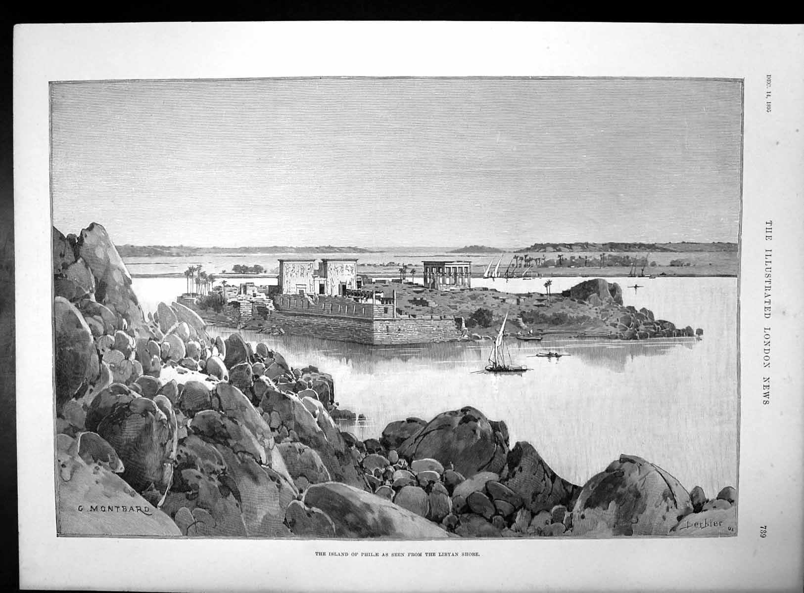 Old Print Island Philae G Montbard From Libyan Shore Nile East Bank 1895 19th