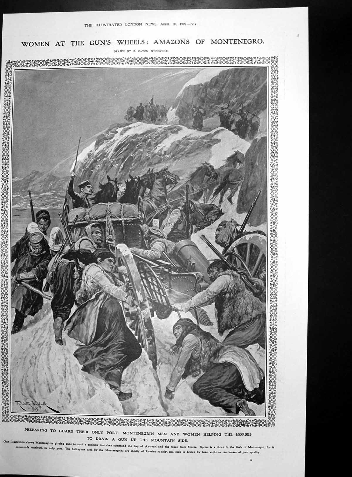 Antique Old Print Women Gun Wheels Amazons Montenegro Dr As Rappoport 1909 20th