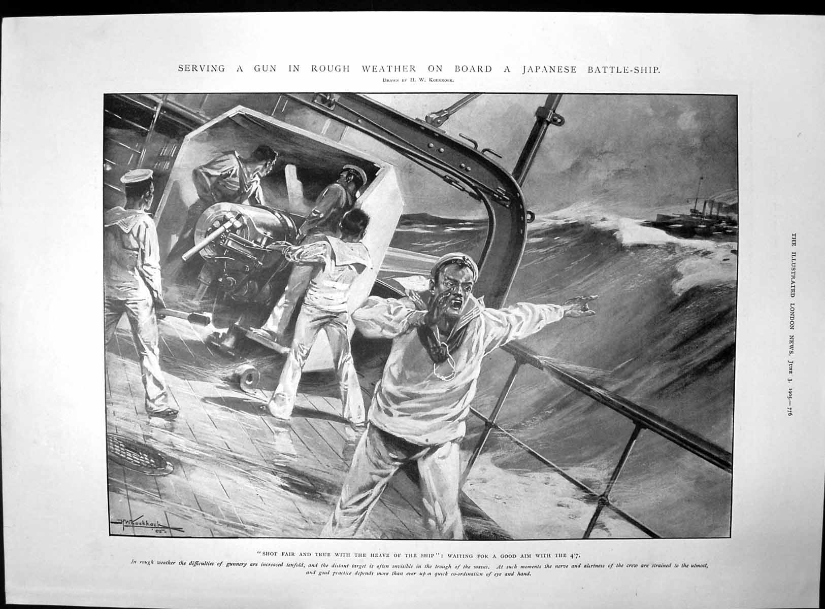 Antique Old Print Serving Gun Japanese Battle Ship Moral Riots Warsaw 1905 20th