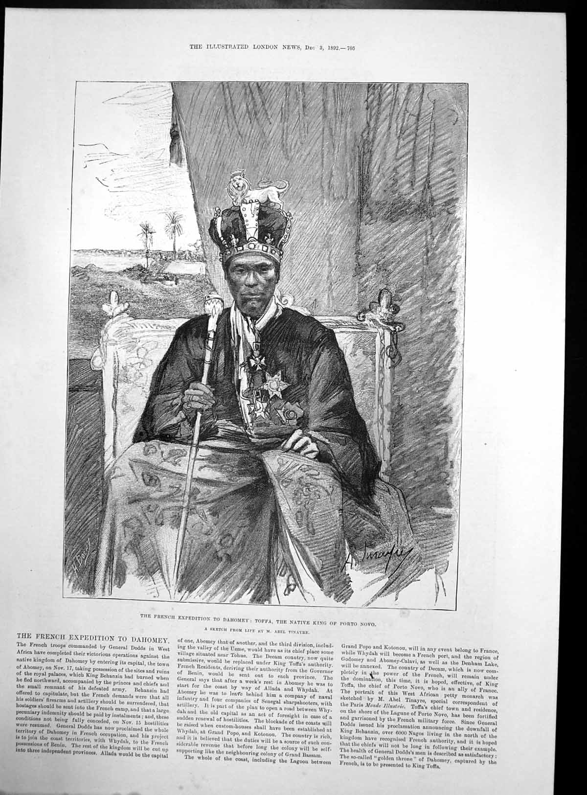 Antique Old Print Dahomey Toffa King Porto Novo Police Sergeant Grace 1892 19th