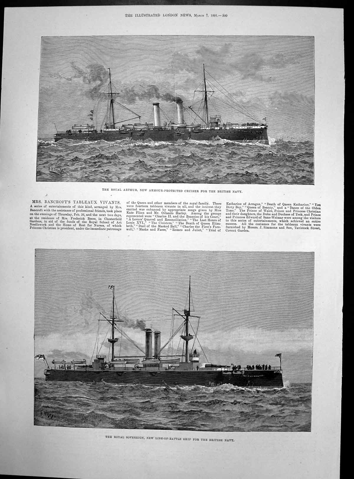 Antique Print Royal Arthur Cruiser Royal Sovereign Battleship W Pollock1891
