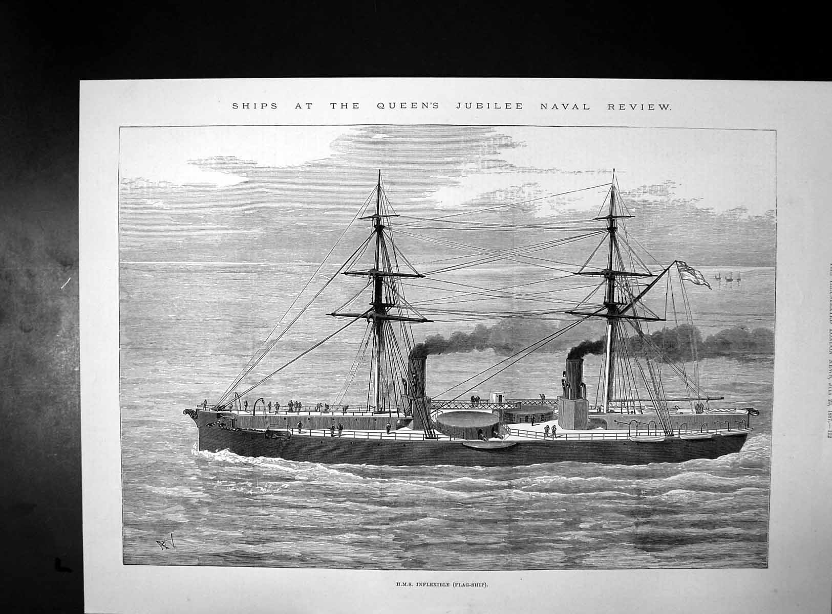 Antique Old Print Hms Inflexible Queens Jubilee Naval Review Balloooning 1887