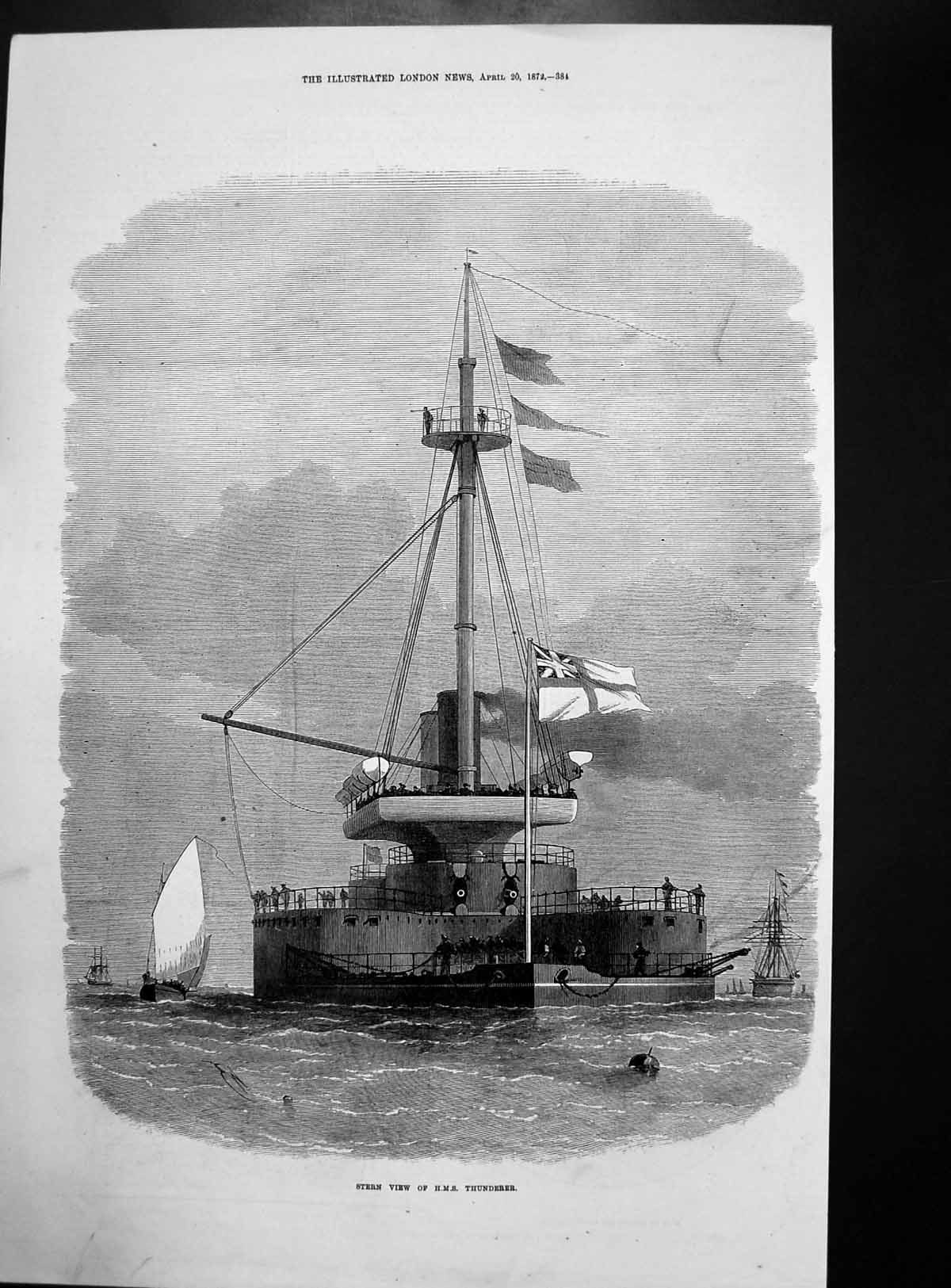 Antique Old Print Hms Thunderer Plans Turrets Guns Casket Prince Arthur 1872