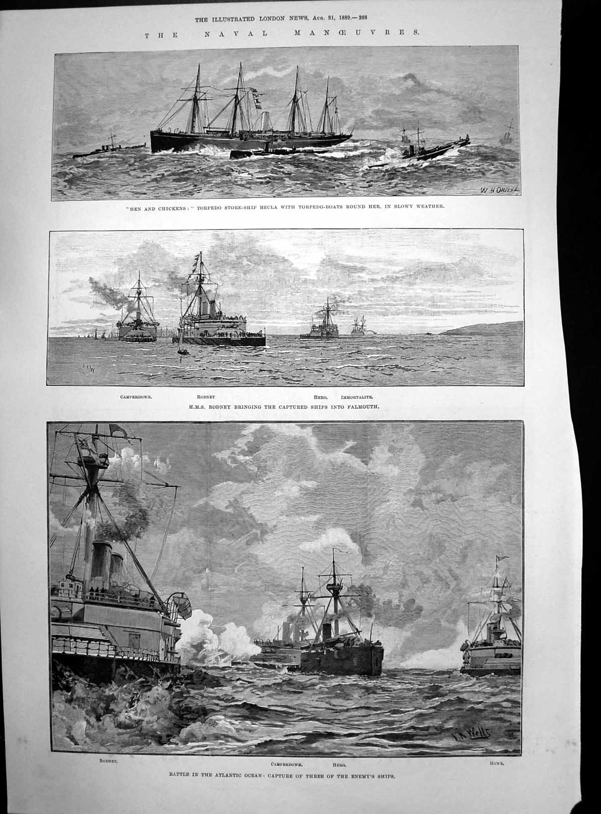 Antique Print Battle Atlanticocean Capture Enemy Ships Hms Rodney Hecla1889