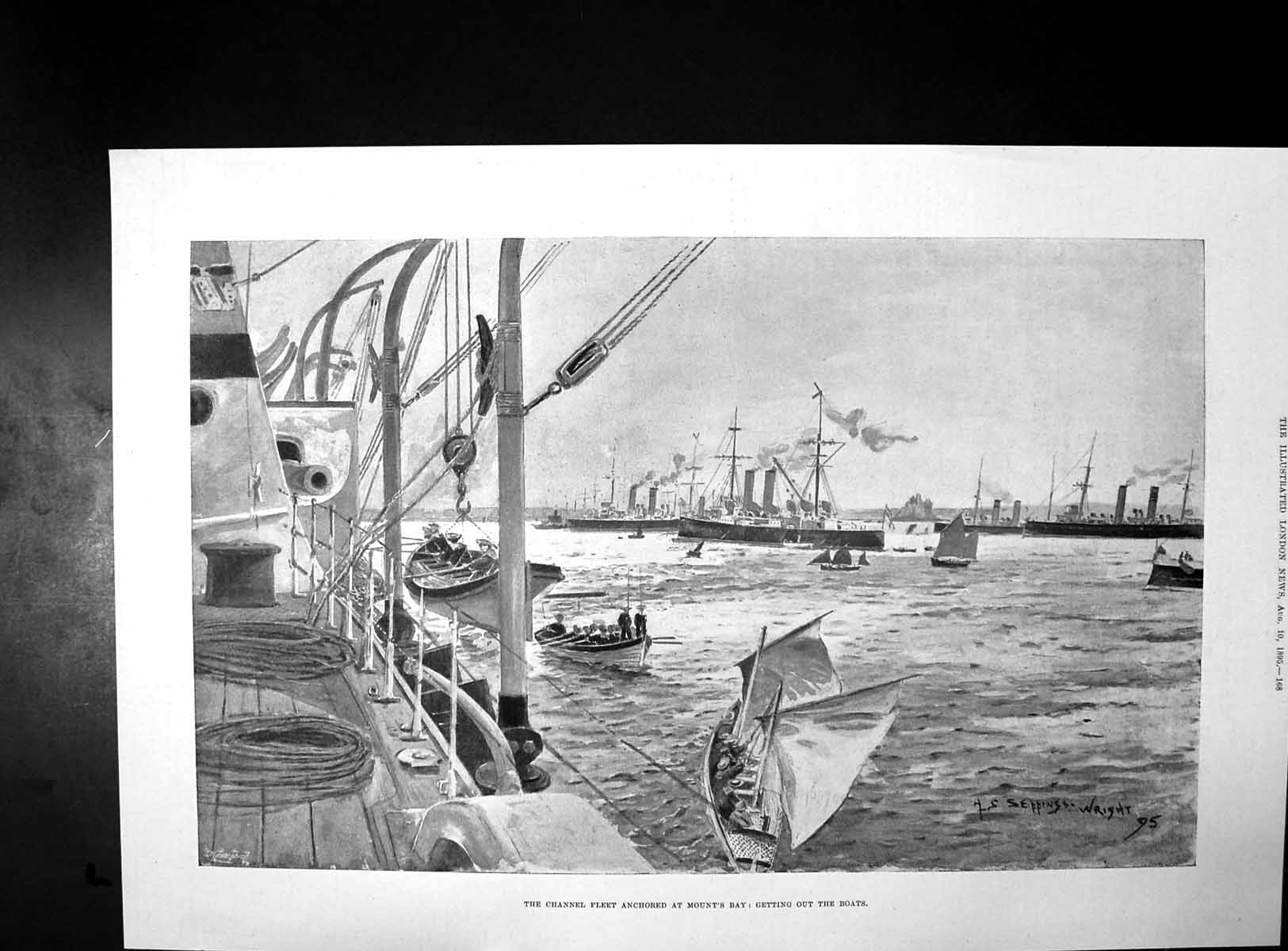 Old Antique Print Channel Fleet Mounts Bay Late Lt Gen Keith Fraser 1895 19th