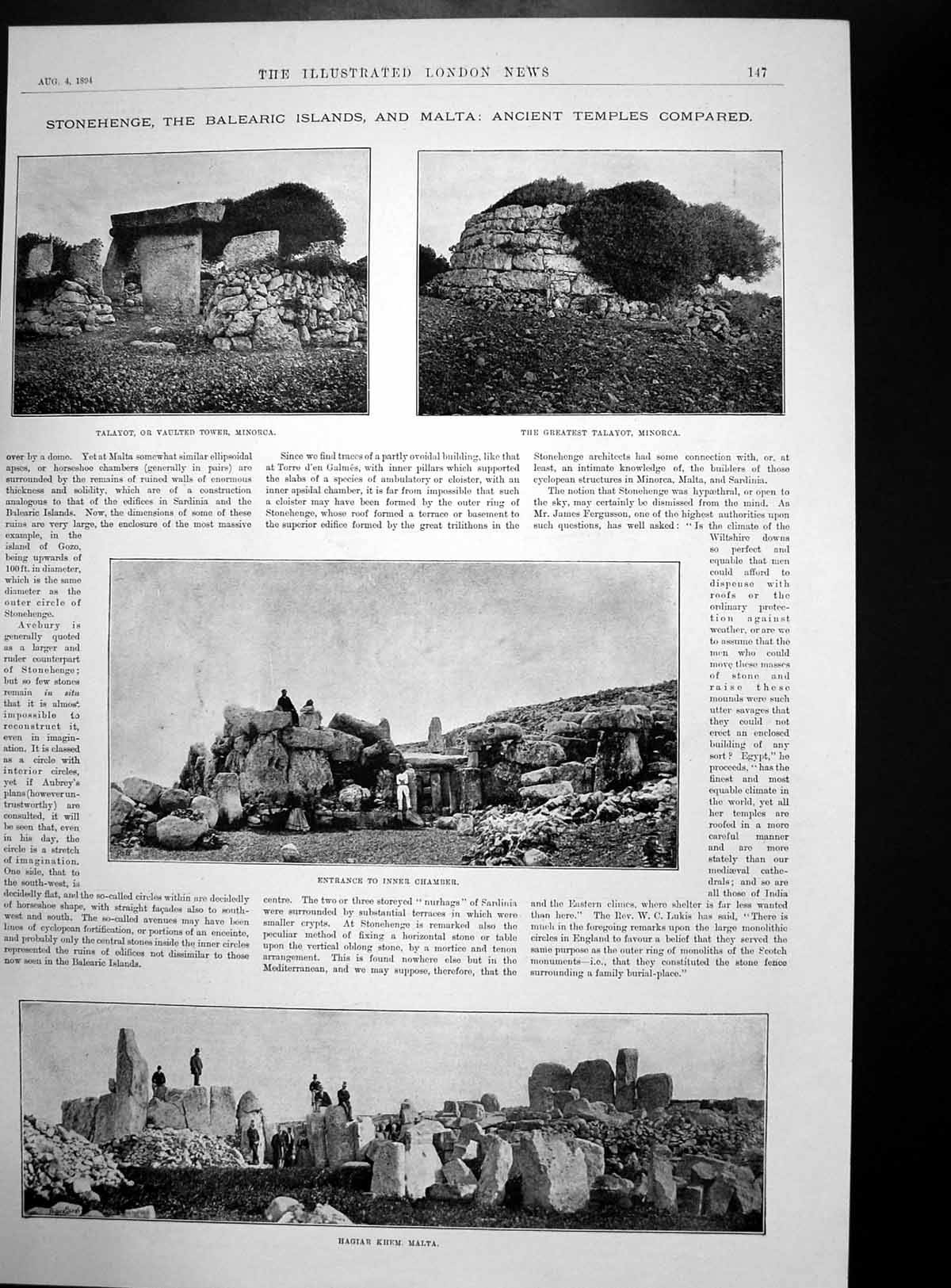 Antique Old Print Ancient Temples Stonehenge Malta Minorca Fast Cruiser 1894