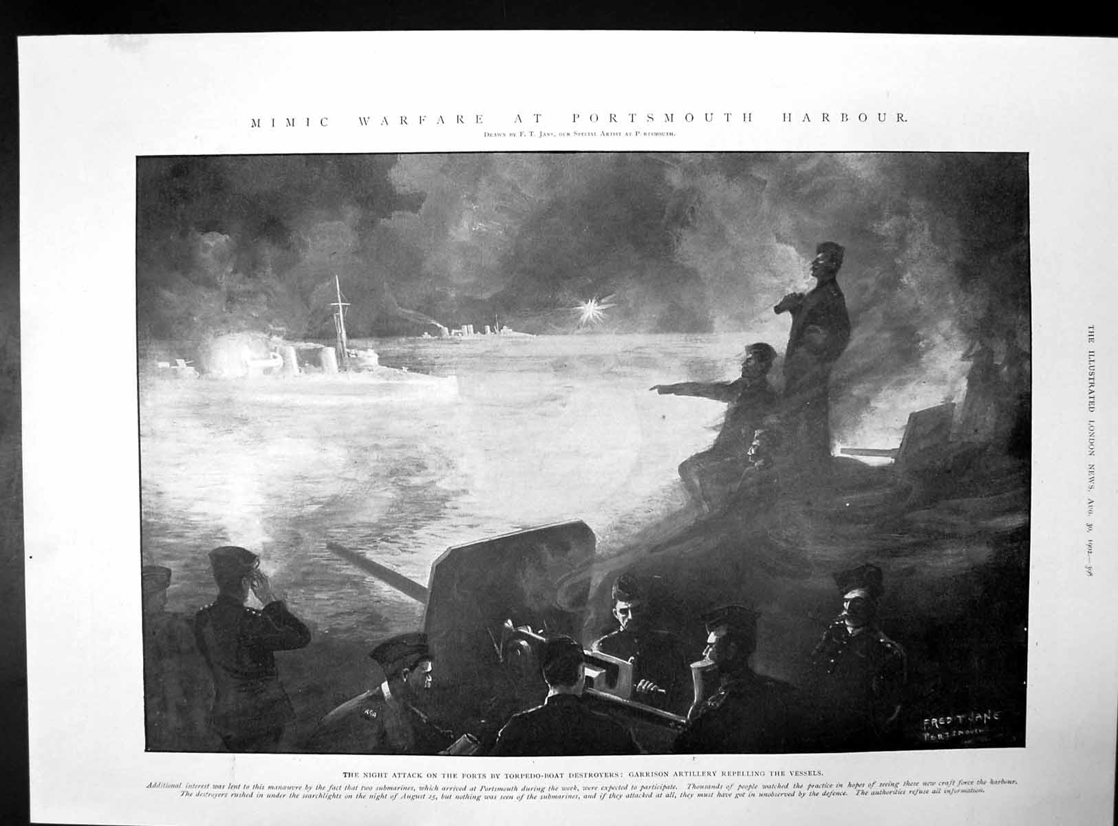 Antique Old Print Night Attack Portsmouth Launch Cedric Belfast Stamps 1902