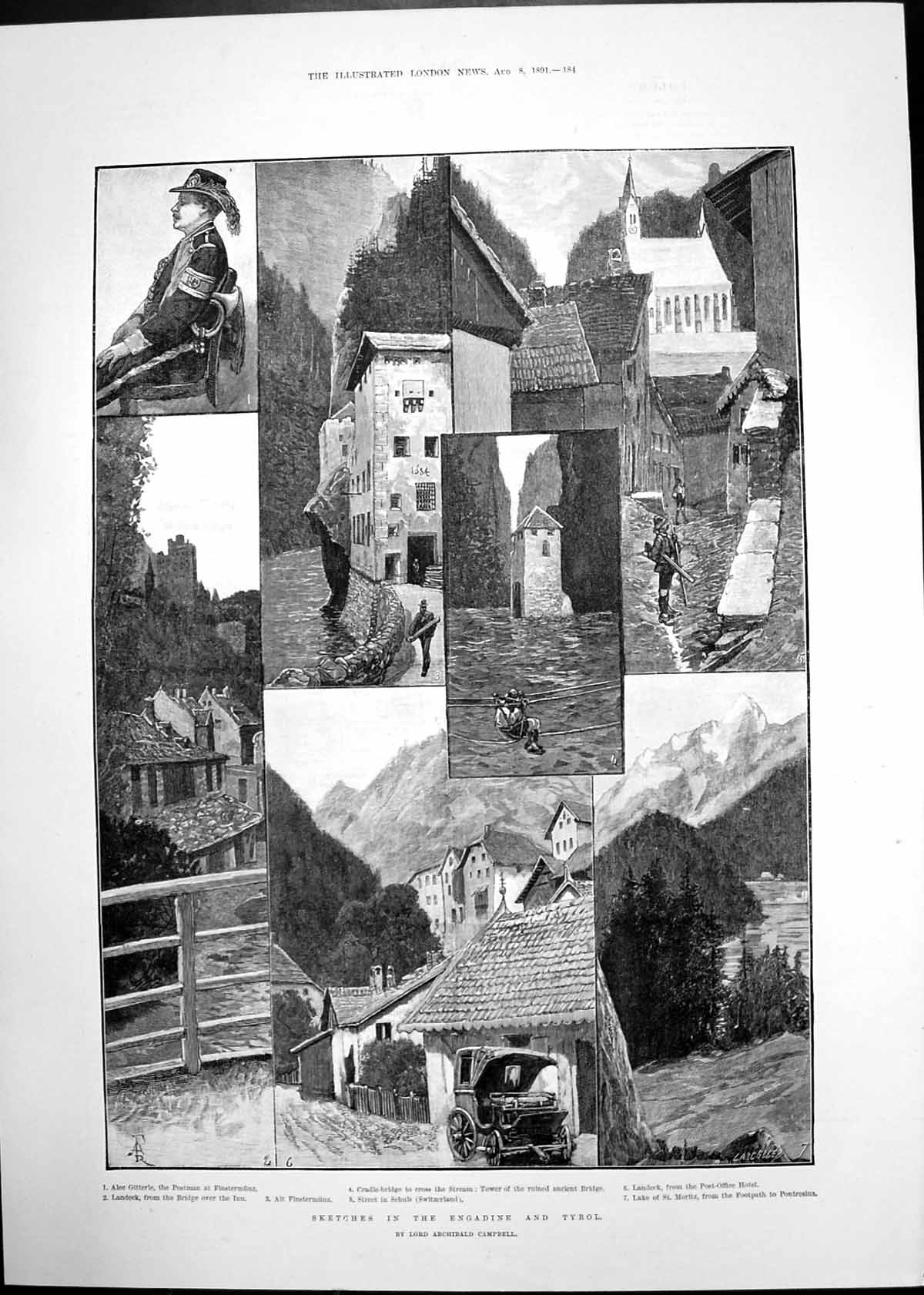 Antique Old Print Sketches Engadine Tyrol Fishermen Positano H Macallum 1891